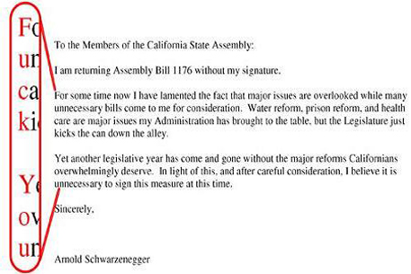 Шварценеггер отправил законодателям письмо с зашифрованным ругательством