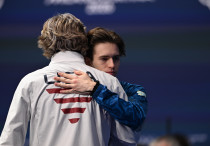 Илья Малинин (справа) и Михаил Шайдоров после выступления на Олимпиаде-2026. ©Сали Сабиров/НОК РК