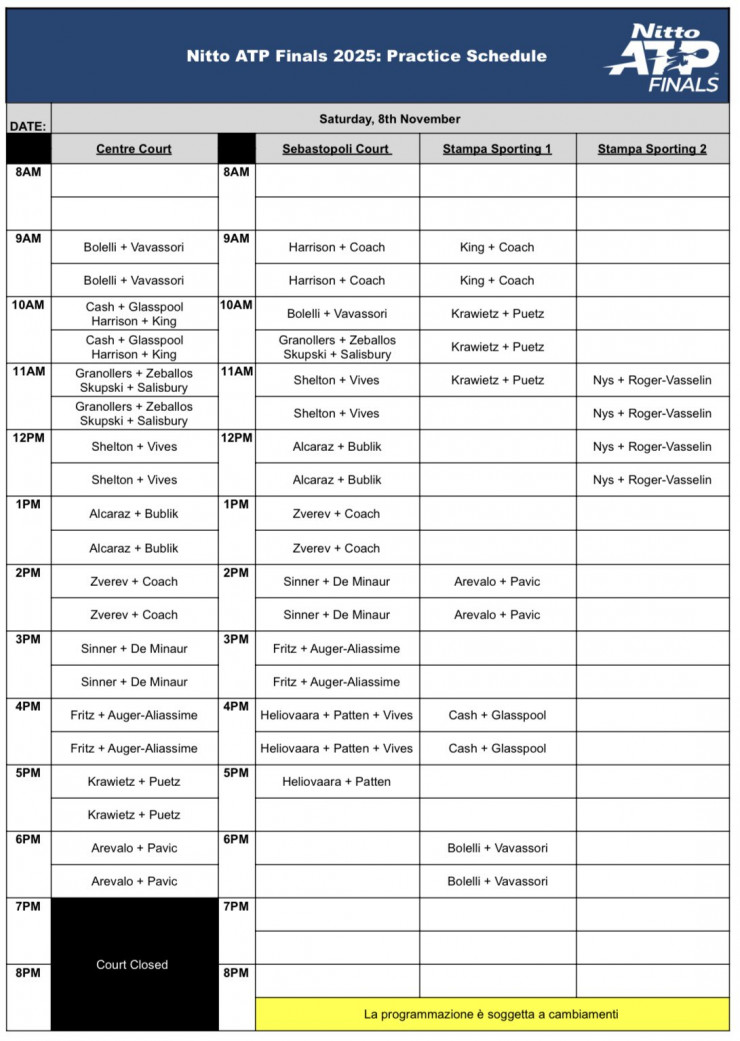 Расписание тренировок на ATP Finals - 2025
